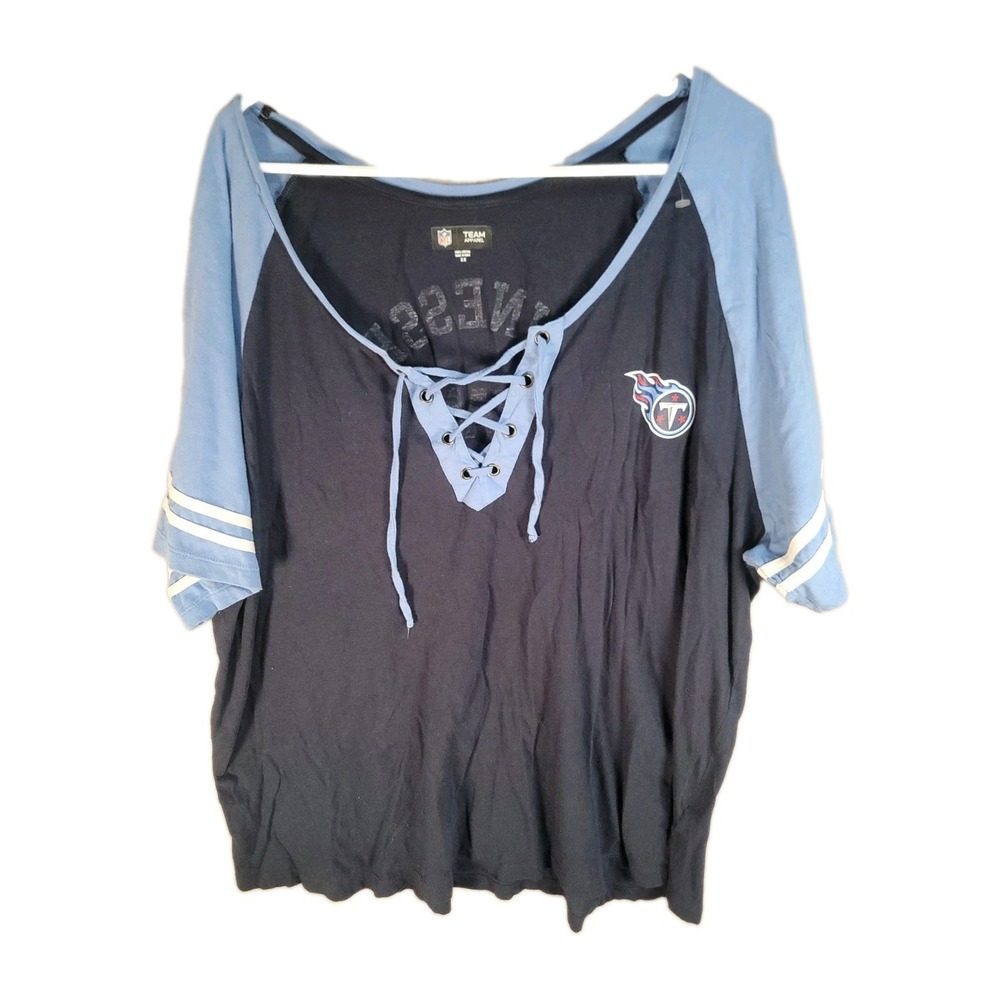 NFL Team Apparel Womens 3X Tennessee Titans Lace Up Short Sleeve Shirt Navy Blue